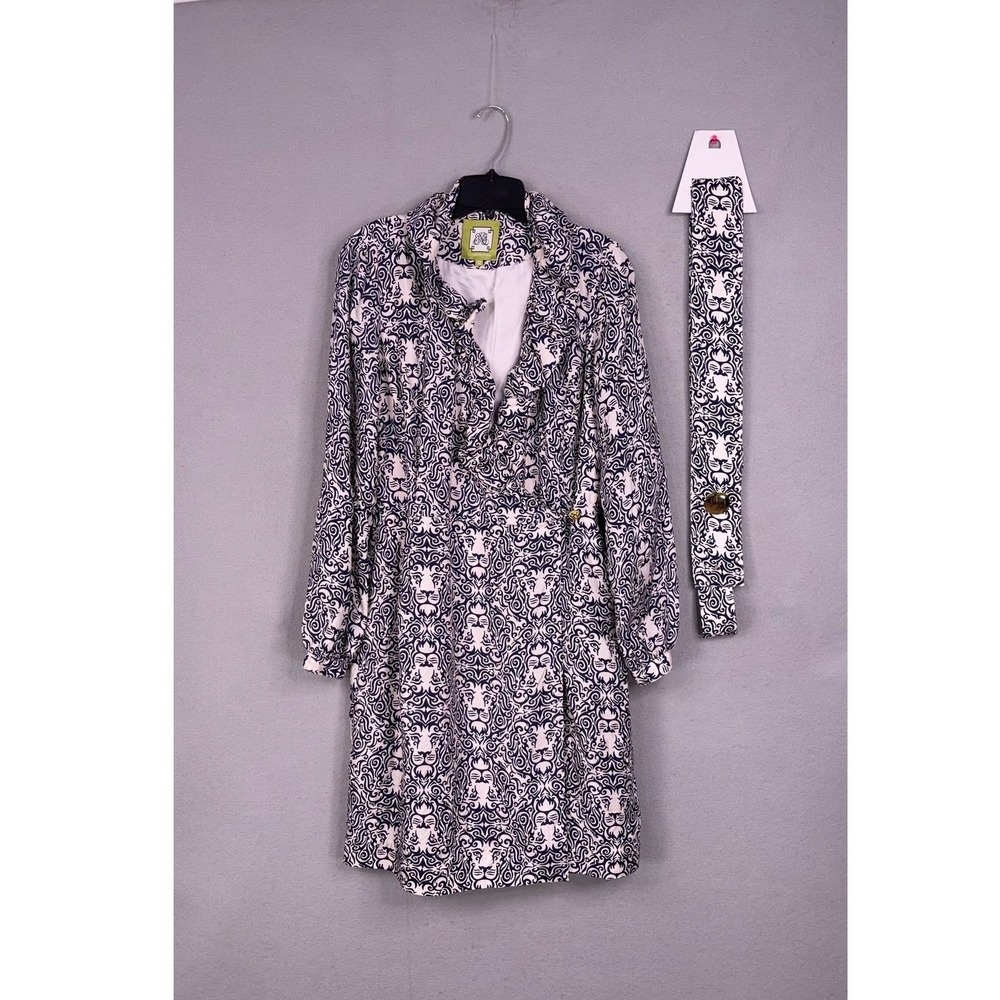 Elizabeth McKay Dress Womens 12 Blue White Lion Scroll Silk Belted Preppy